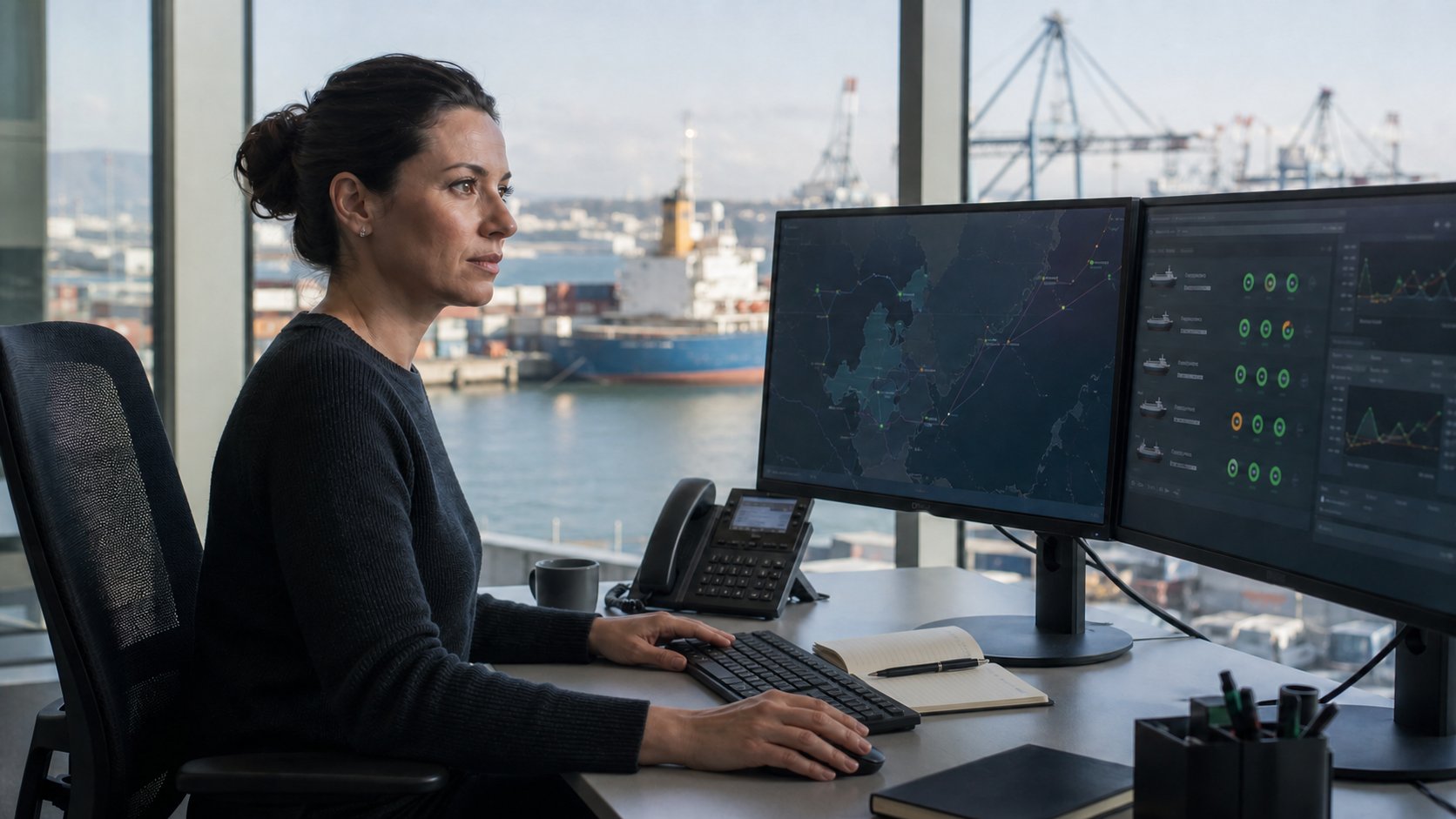 A maritime IT engineer working at a monitoring desk beside the port